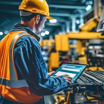 Person work with laptop on factory